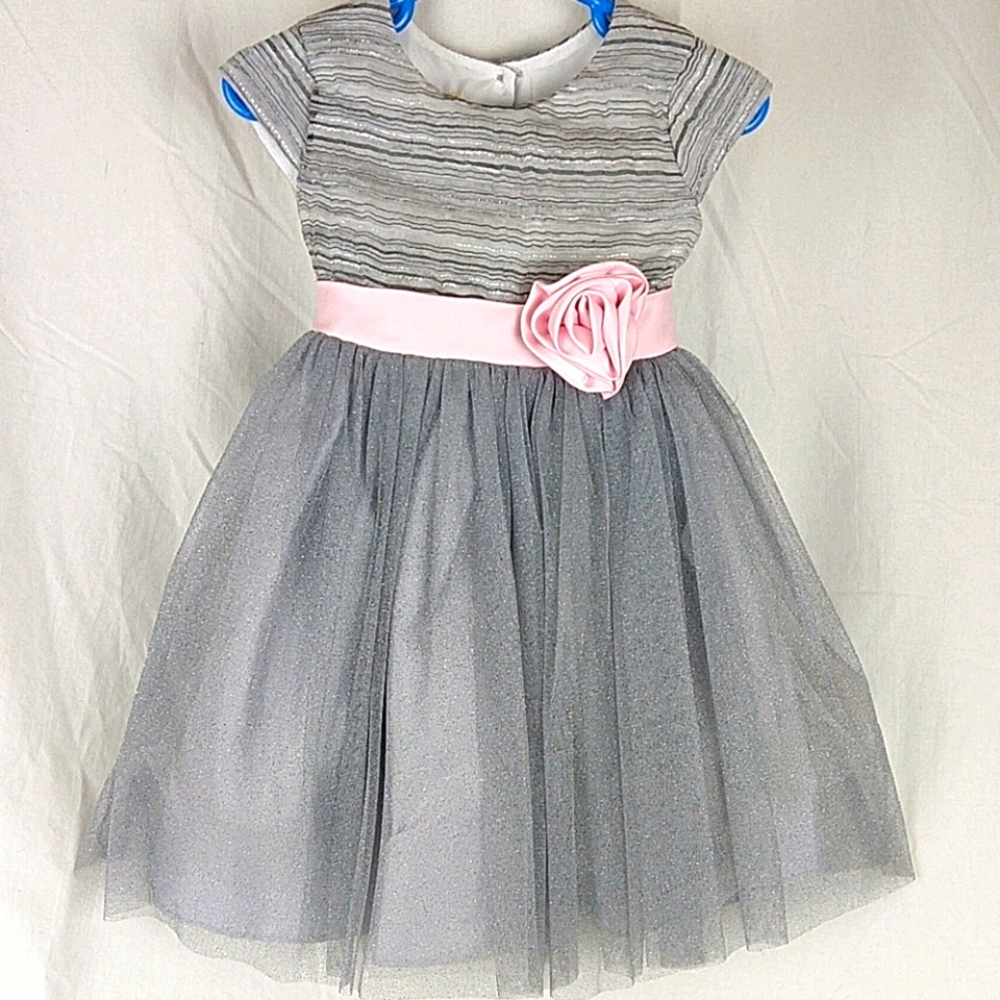 Children's Place Sparkly Silver Dress w/Pink Rose